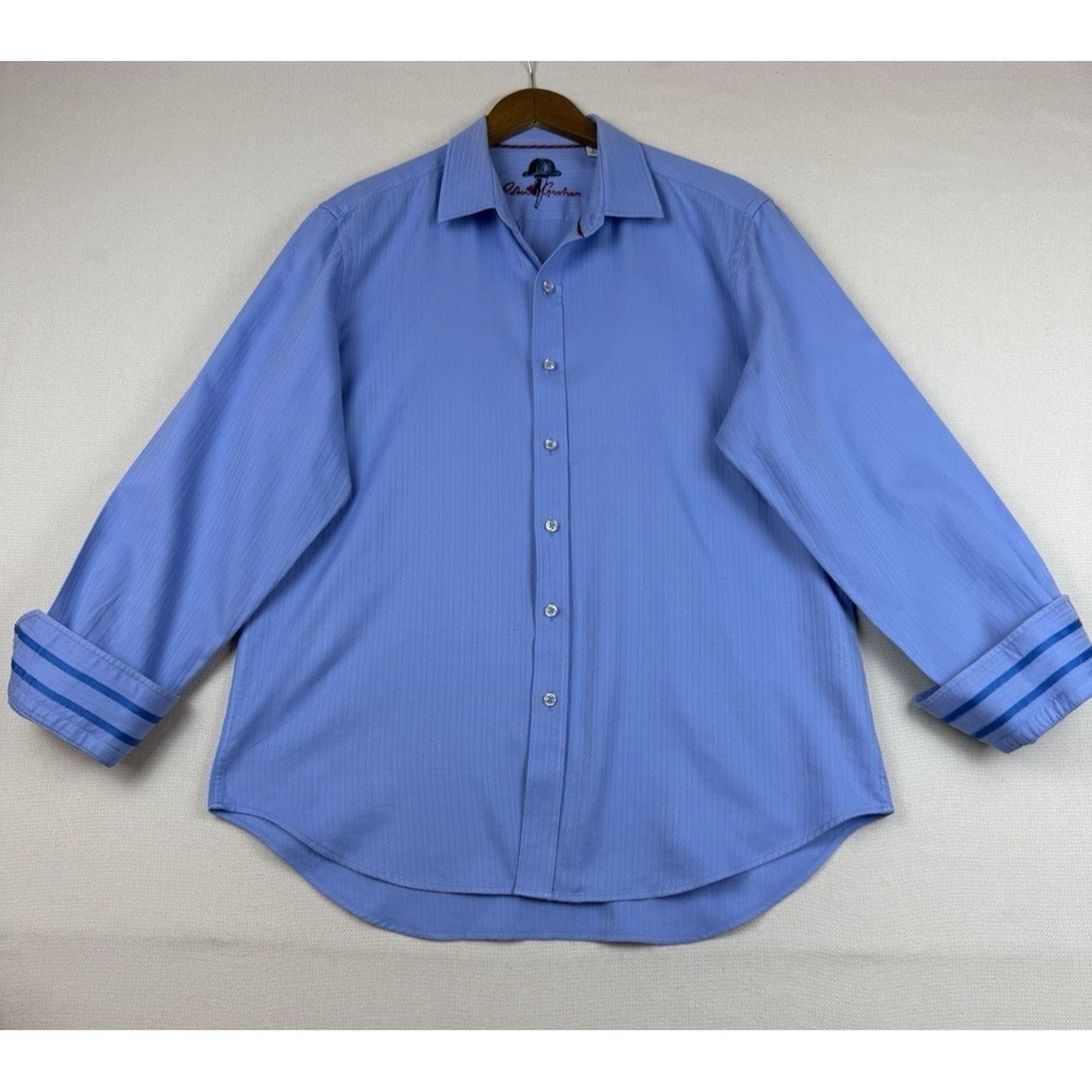 Robert Graham Button Up Shirt Mens Large Blue Classic Fit Flip Cuff Embroidered